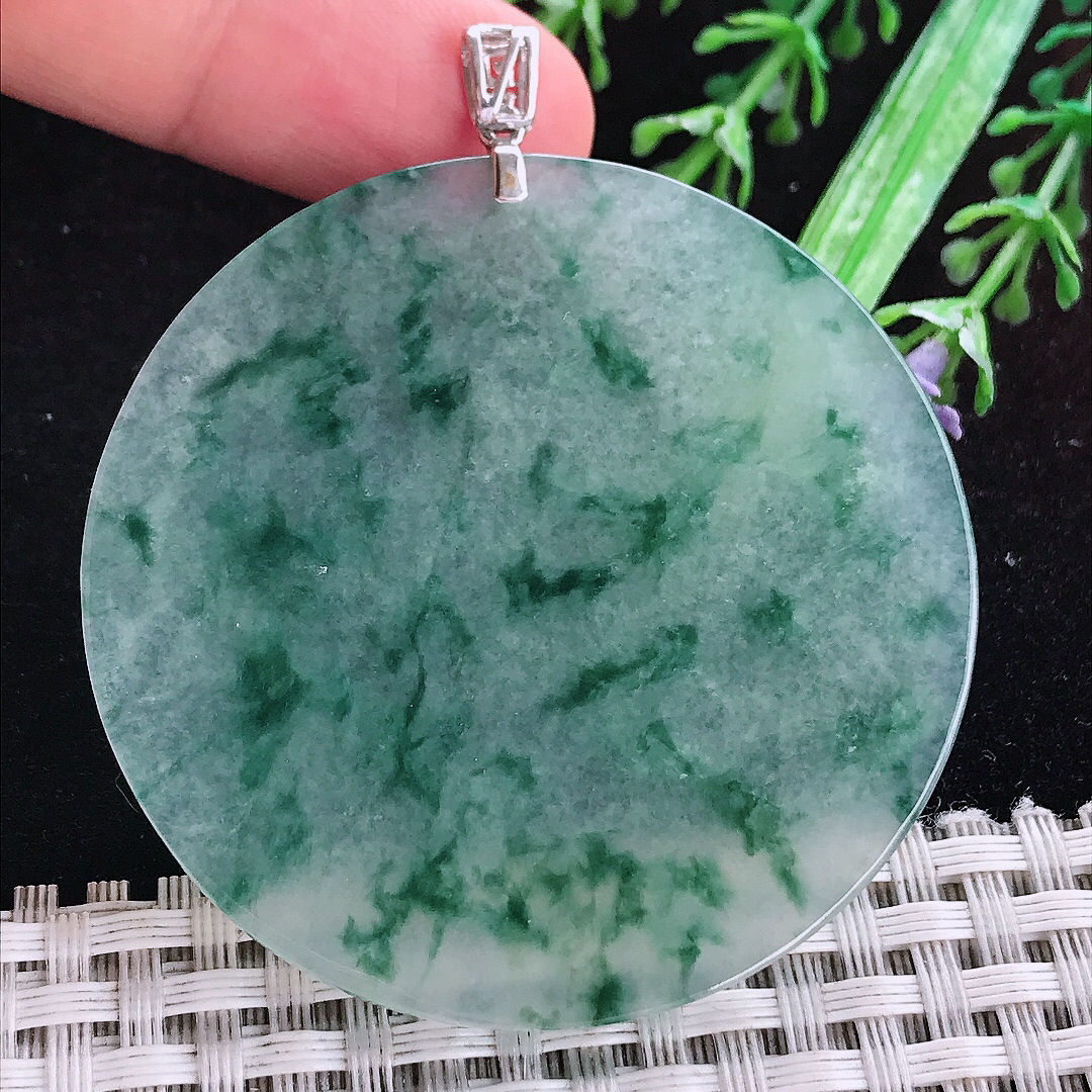 实拍A货翡翠52.3/3老坑18k金镶嵌冰飘花无事牌圆牌吊坠翡翠玉挂件