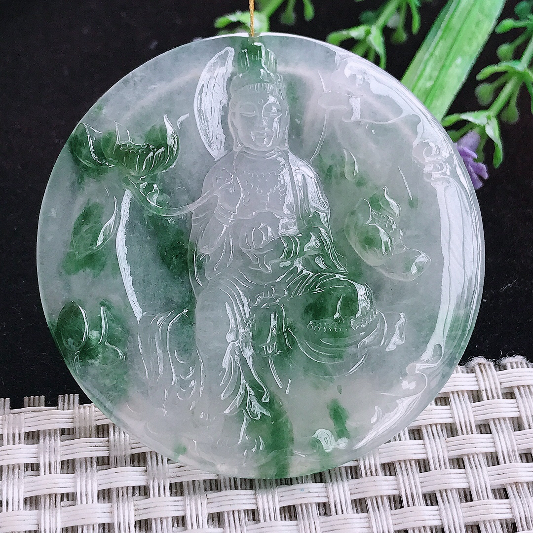 实拍A货翡翠53/5.3老坑冰胶冰飘花持莲观音大势至菩萨吊坠翡翠玉挂件
