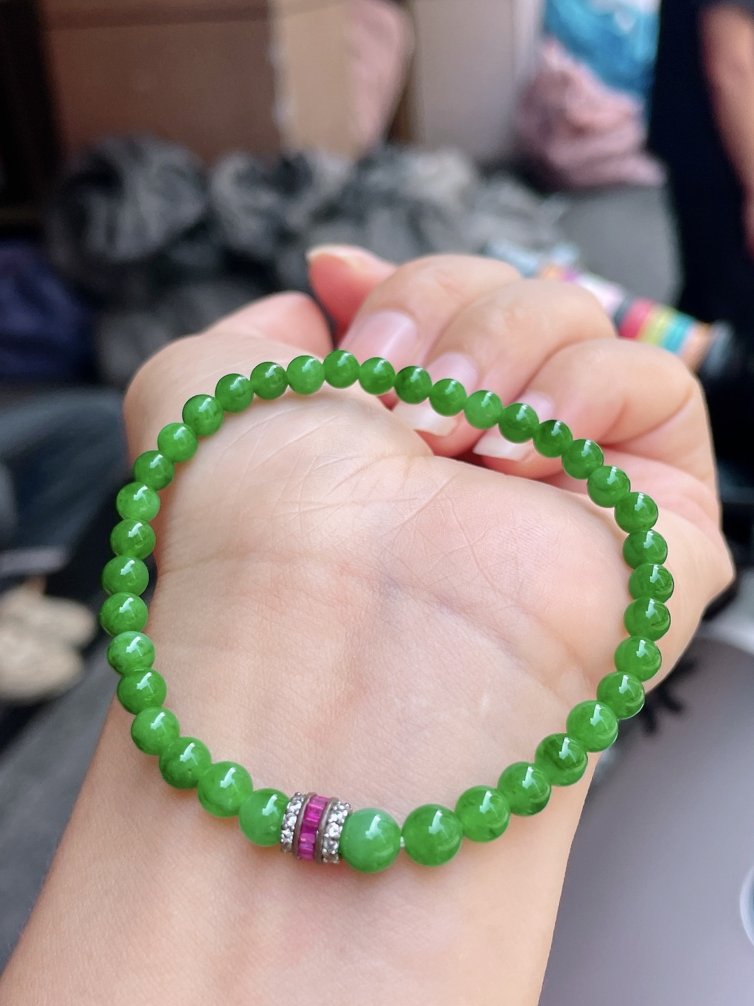 ️ 冰种阳绿手链 色艳色浓，珠圆玉润 尺寸：4.5-5.4
