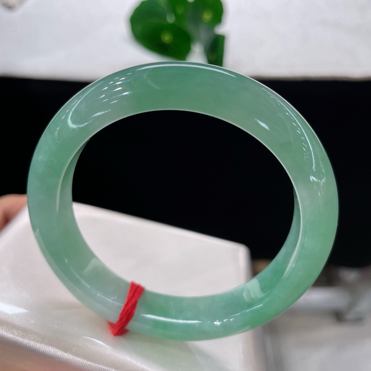 翡翠手镯 圈口55.5/11.8/8.7，冰晴水飘阳绿正圈，54/55可戴，翠似平湖秋水，温润绕清腕，无裂