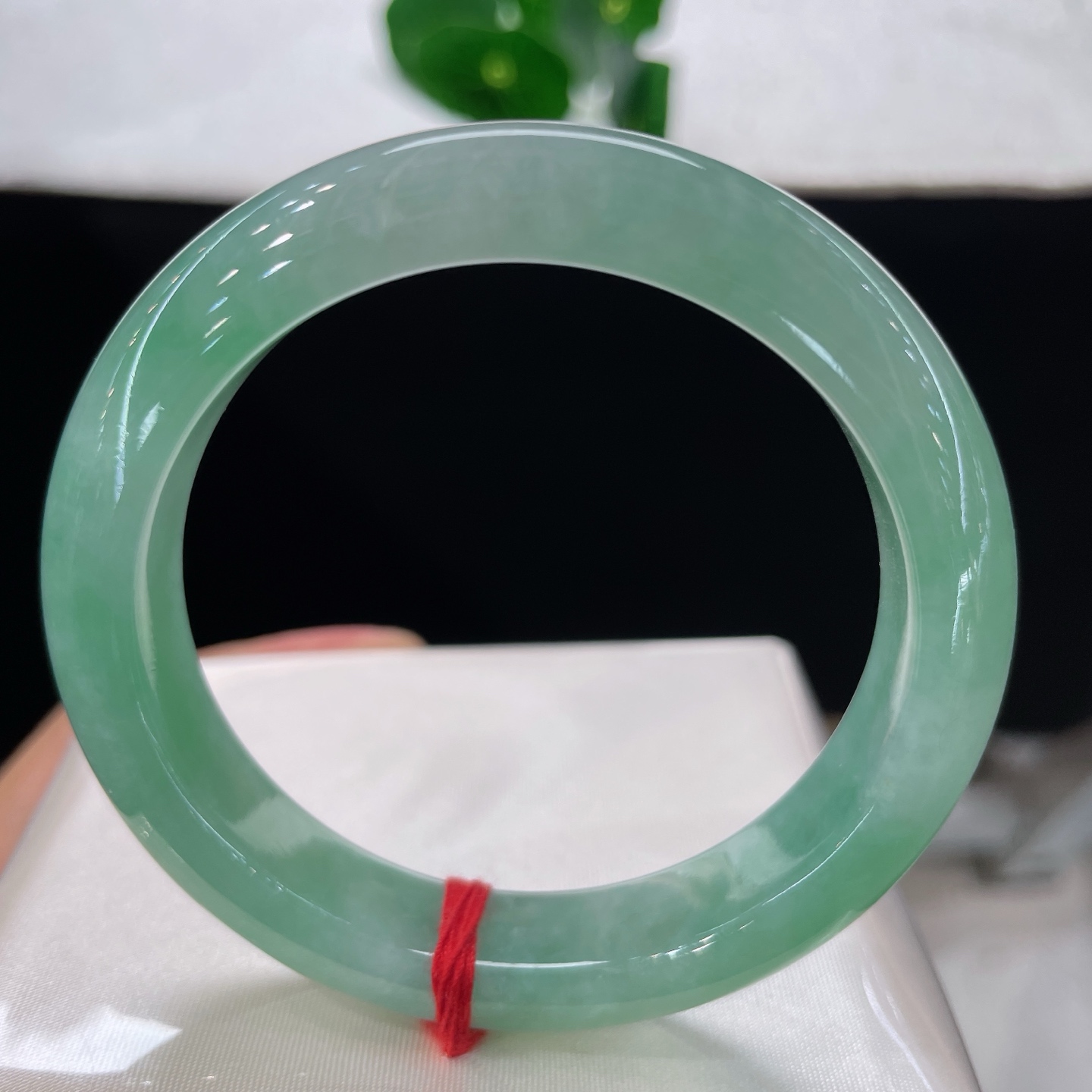 翡翠手镯 圈口55.5/11.8/8.7，冰晴水飘阳绿正圈，54/55可戴，翠似平湖秋水，温润绕清腕，无裂