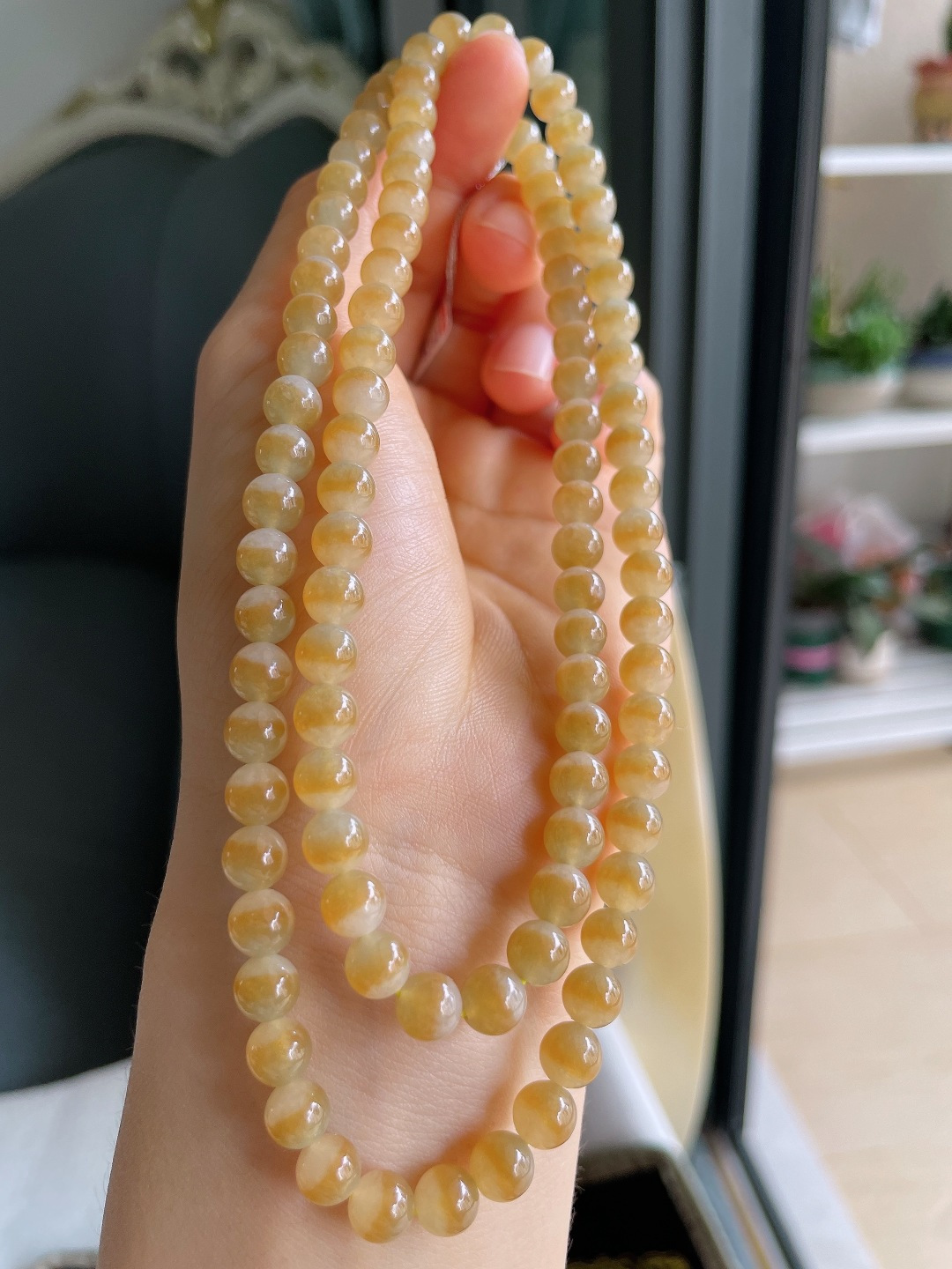 缅甸天然翡翠A货，冰黄翡手串，尺寸：6.4mm100颗。【编4524】