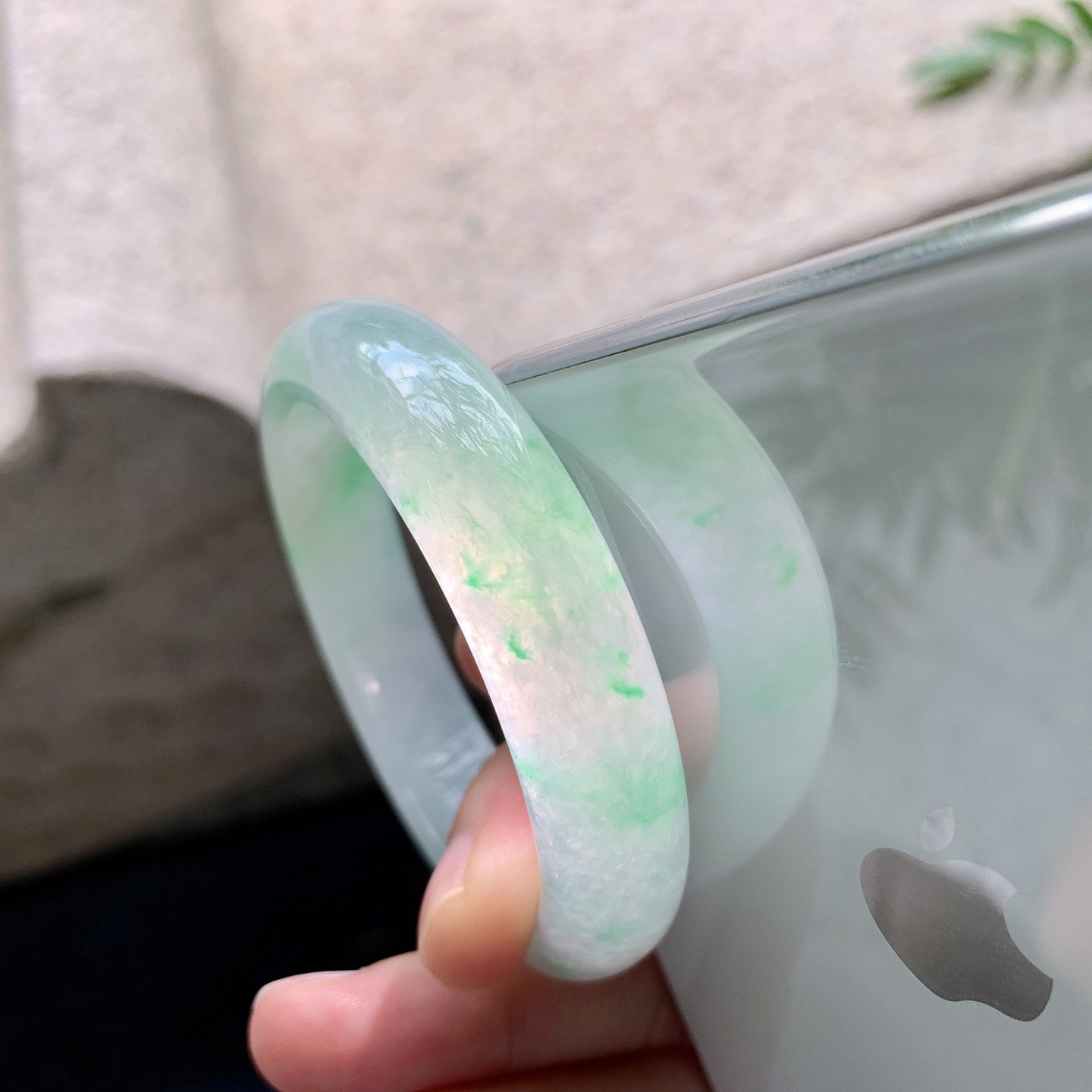 正圈49 50，圈口50.1/12.5/8，编码B2082006，描述糯冰飘绿，水润，种老，细腻，打灯有棉线
