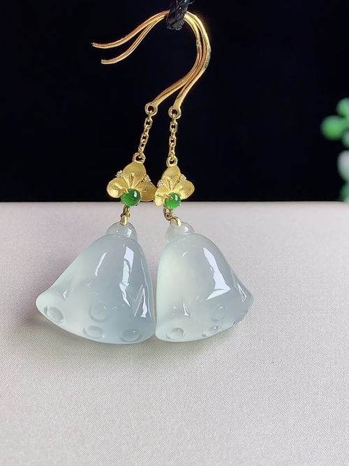 18k金镶冰种莲蓬耳环，无裂，裸石尺寸12.6-11.1-5.7mm，D20hjg