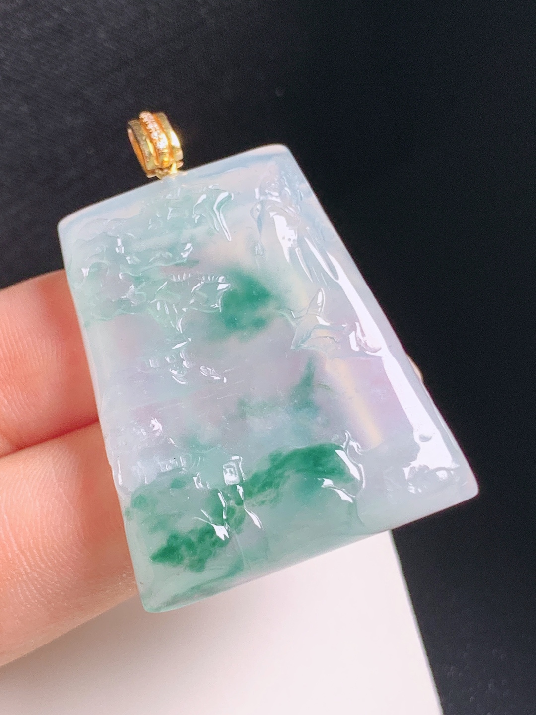 ️ 冰种飘花山水牌吊坠，层次雅致，雕工精湛，山水聚福，裸石35.5-28.7-5.742.6，31
