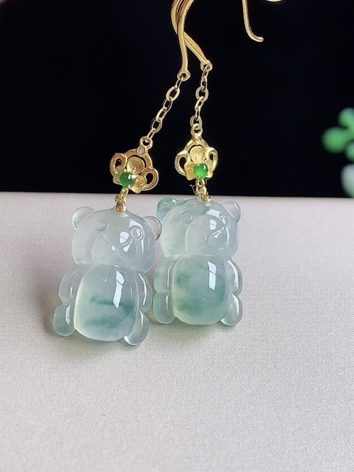 18k金镶冰飘花小熊耳环，无裂，尺寸13-9.2-4.4mm，D20hjg