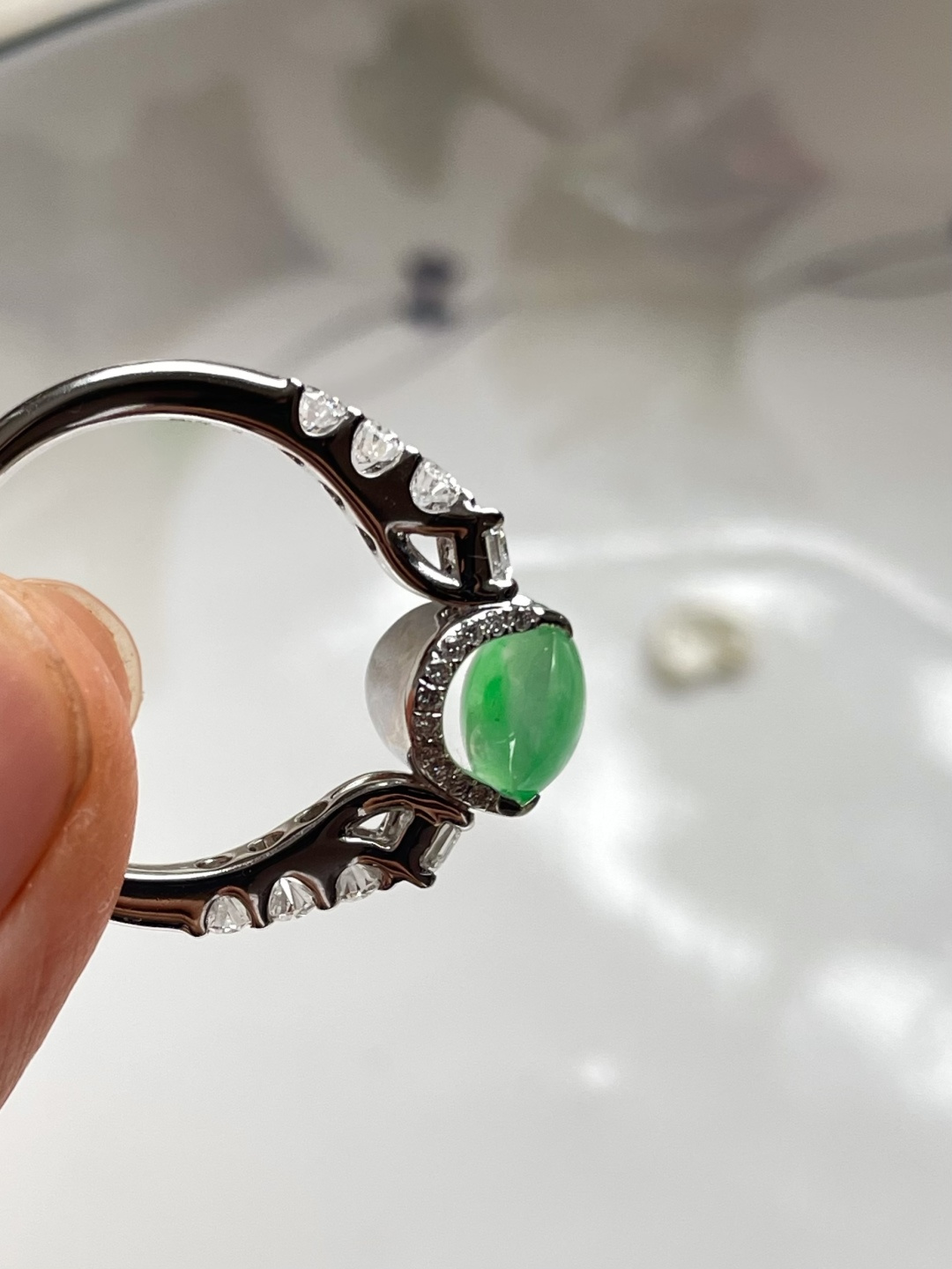 新品 | 玻璃种黄阳绿蛋面戒指,无封底双面鼓,裸石：9*8*5.5mm,整体：9*15*8mm