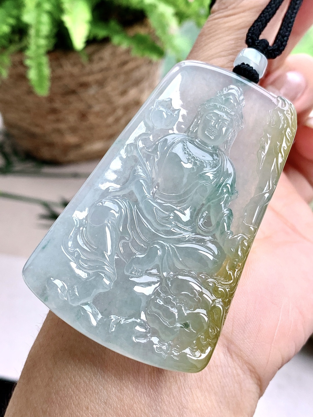冰飘黄翡文殊菩萨吊坠,缅料 性比高 飘花 厚装,尺寸66.5-41.3-6.1,重量39.6克