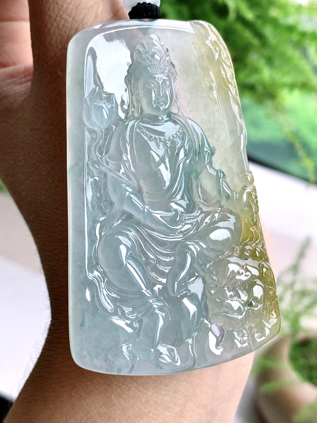 冰飘黄翡文殊菩萨吊坠,缅料 性比高 飘花 厚装,尺寸66.5-41.3-6.1,重量39.6克