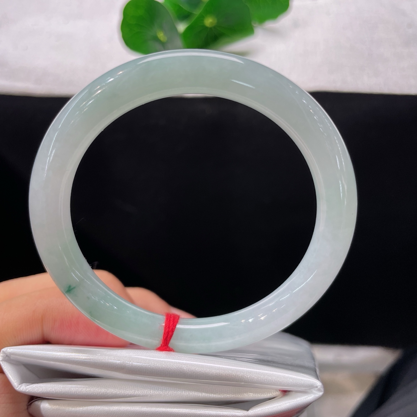 翡翠手镯 圈口54.3/8.5/8.2，圆条飘花，55/56可戴，仿若晨雾含翠，冰润清透，飘花如翠影轻栖，内侧冰丝纹。