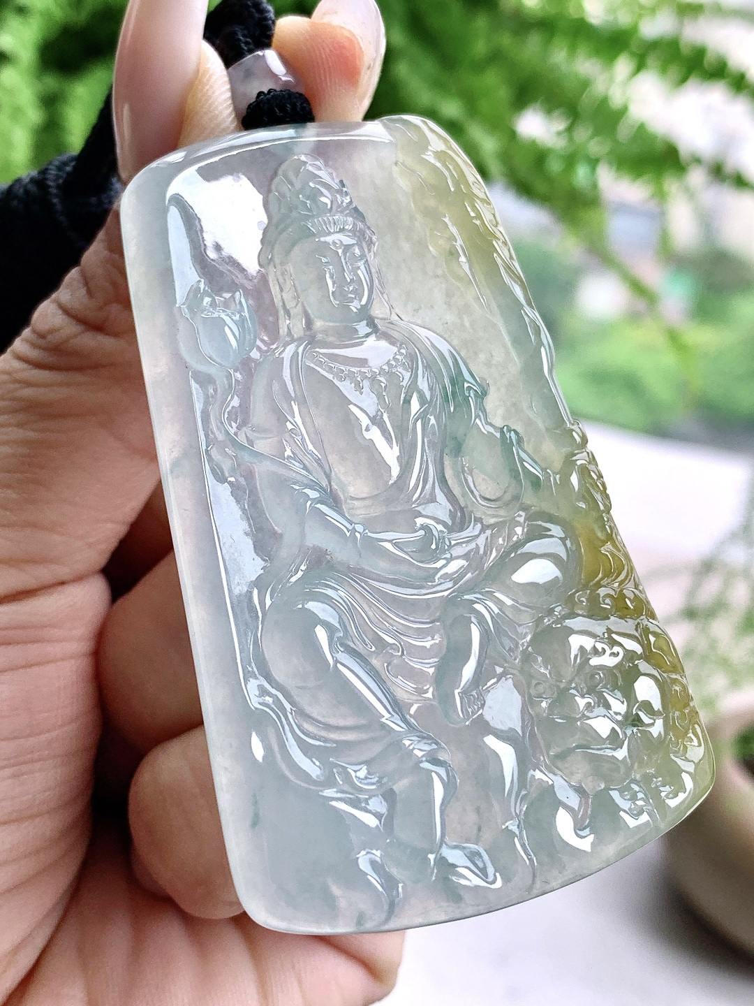 冰飘黄翡文殊菩萨吊坠,缅料 性比高 飘花 厚装,尺寸66.5-41.3-6.1,重量39.6克