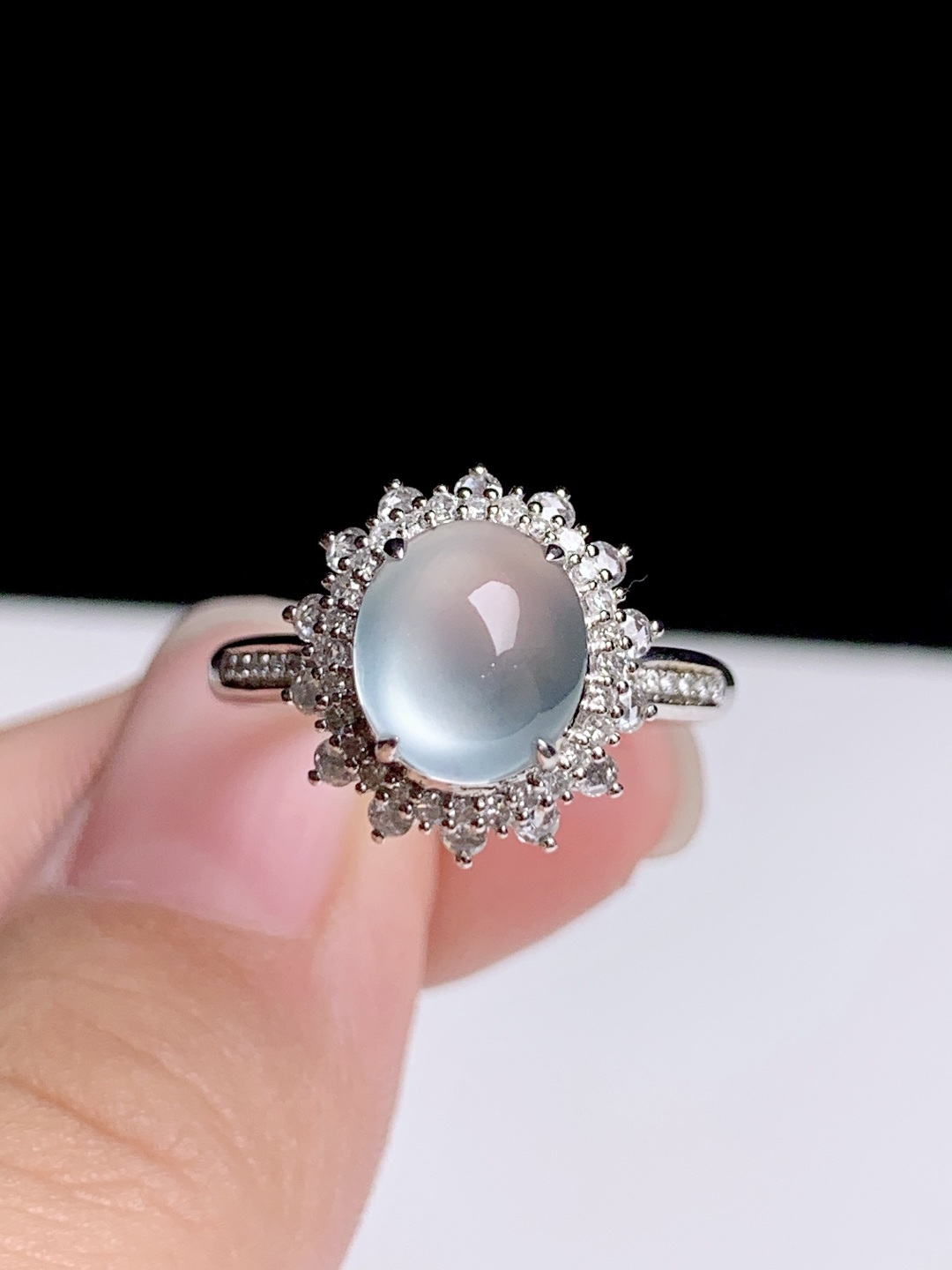 高冰蛋面戒指，18k金钻镶嵌，13.2-12.3-9.6