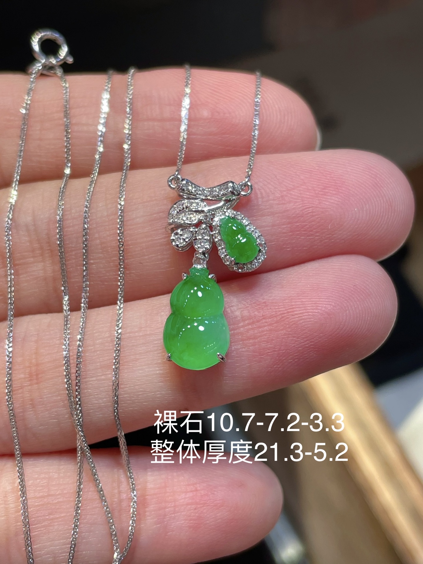 ️含18k金链子 ️性比 超美辣绿晚装款翡翠葫芦项链 高冰辣绿色，颗颗饱满起光，性比很高 18k金