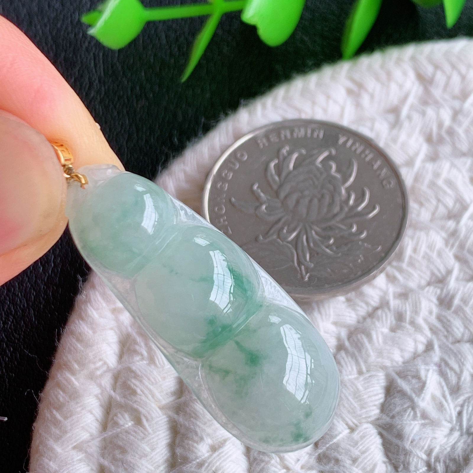 18k金扣冰润飘花福豆翡翠挂件，老种飘花  冰清玉洁  胶感十足  寓意“四季平安，福气满满”颜色鲜艳，清新自然，饱满通透   W49.20 尺寸：35.8-14.5-6mm