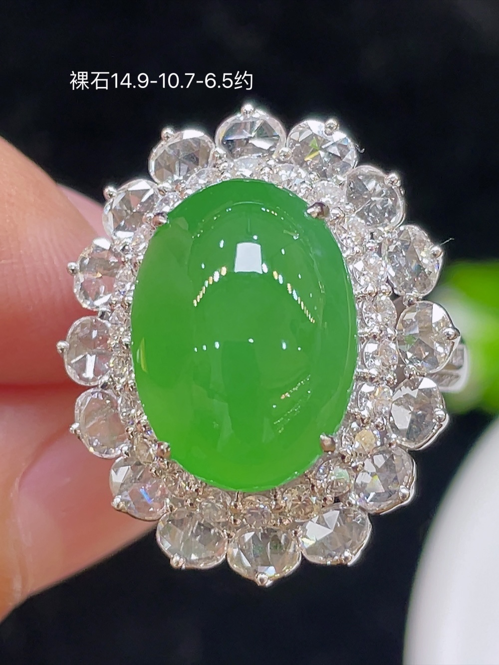 高冰阳绿，饱满大戒指，大件饱满，通透水润，玉质细腻，翠色鲜艳，18k金奢华钻石镶嵌️，14.9-1