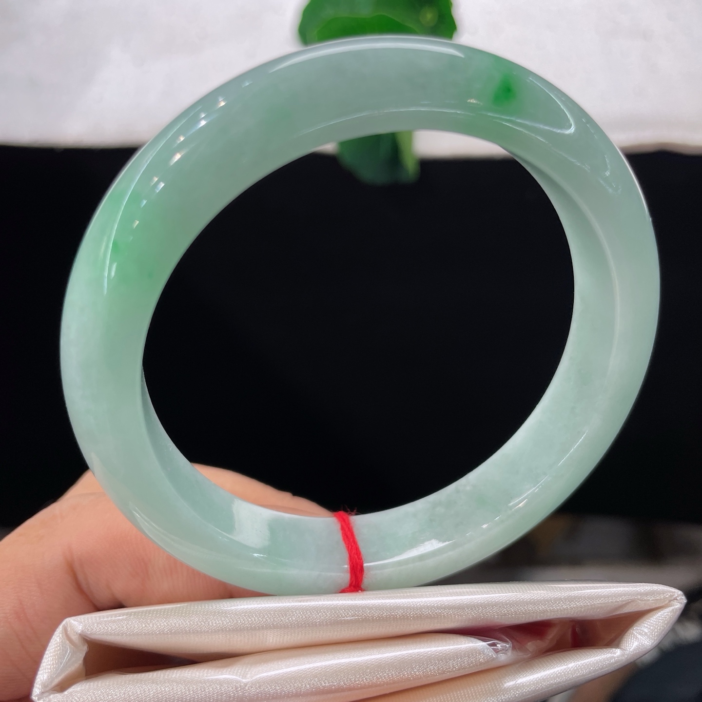 翡翠手镯 圈口59.8/12.5/8.7，白底青正圈，59/60可戴，浅翠凝玉骨，两点翠藏春，素环绕