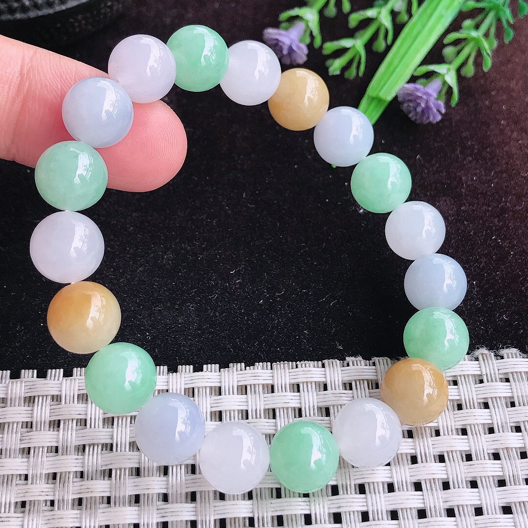 实拍A货翡翠10/19老坑冰润三彩圆珠手链翡翠玉珠手串女款