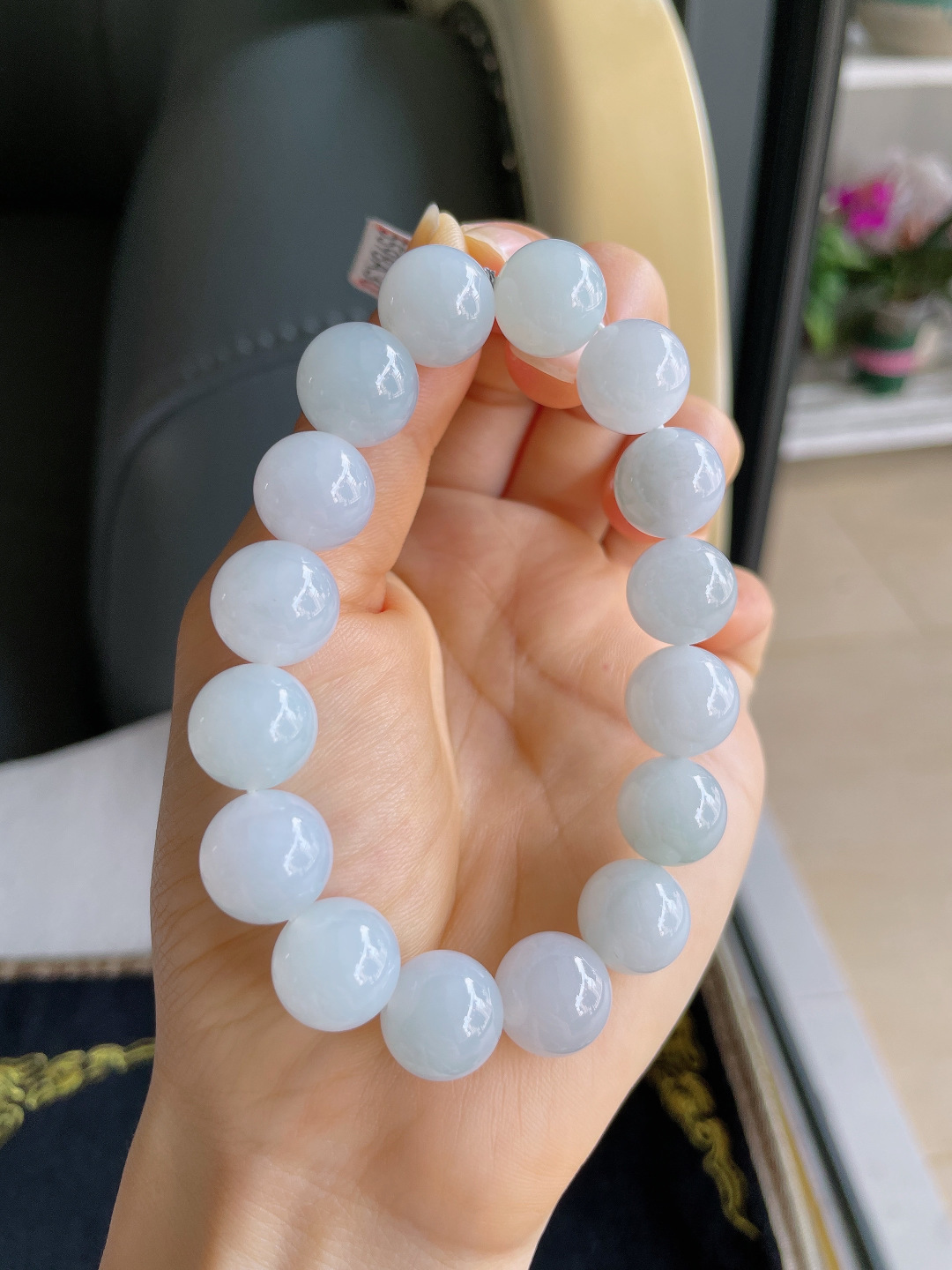 ️，缅甸天然翡翠A货，冰润白手串，尺寸：12.5mm。【编2439】