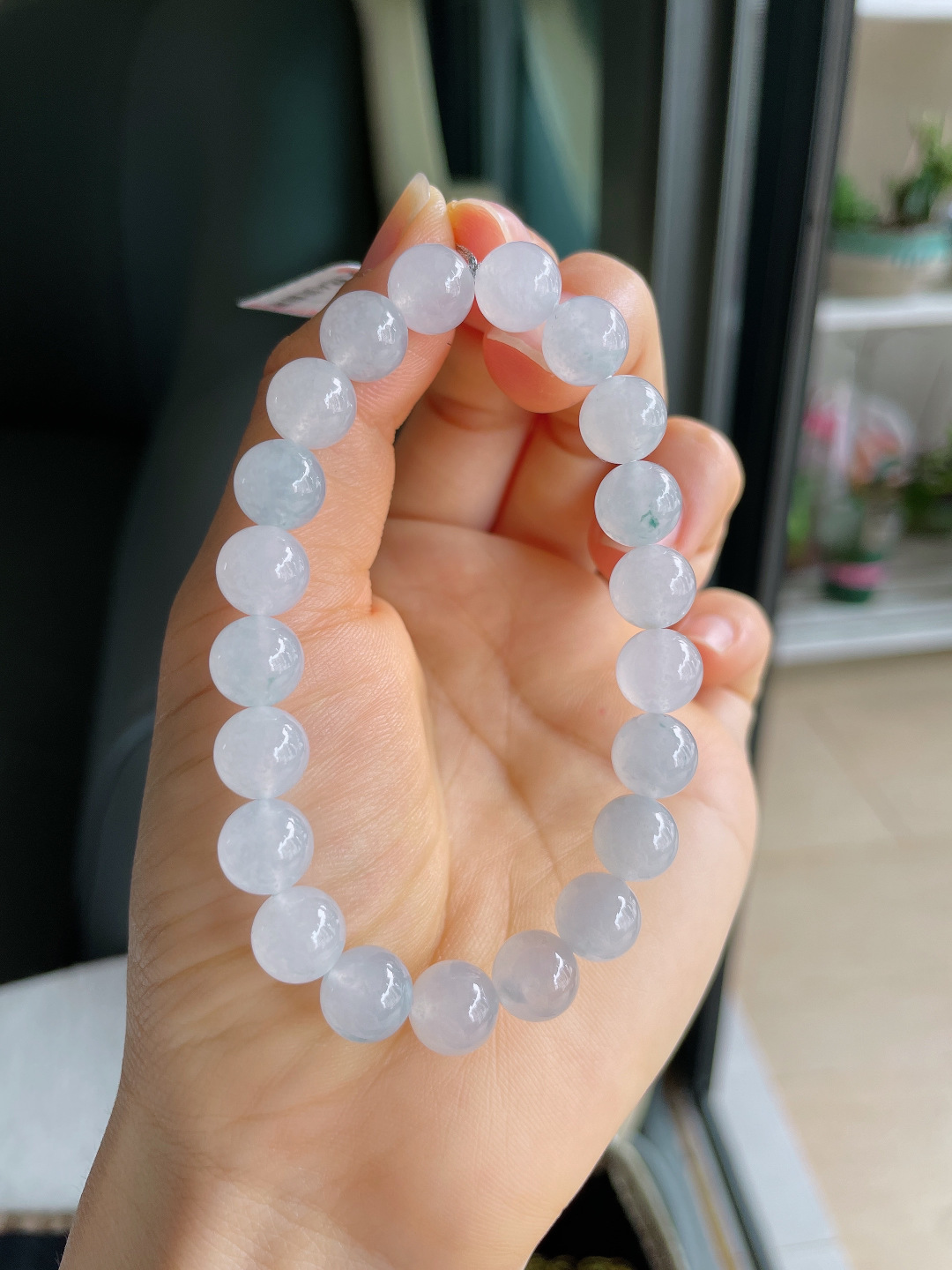 缅甸天然翡翠A货，冰飘花手链，尺寸：9mm。【编4108】