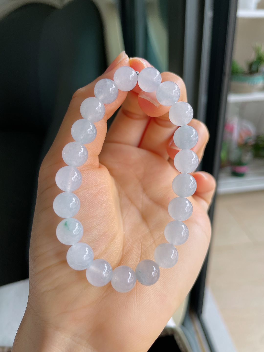 缅甸天然翡翠A货，冰飘花手链，尺寸：9mm。【编4108】