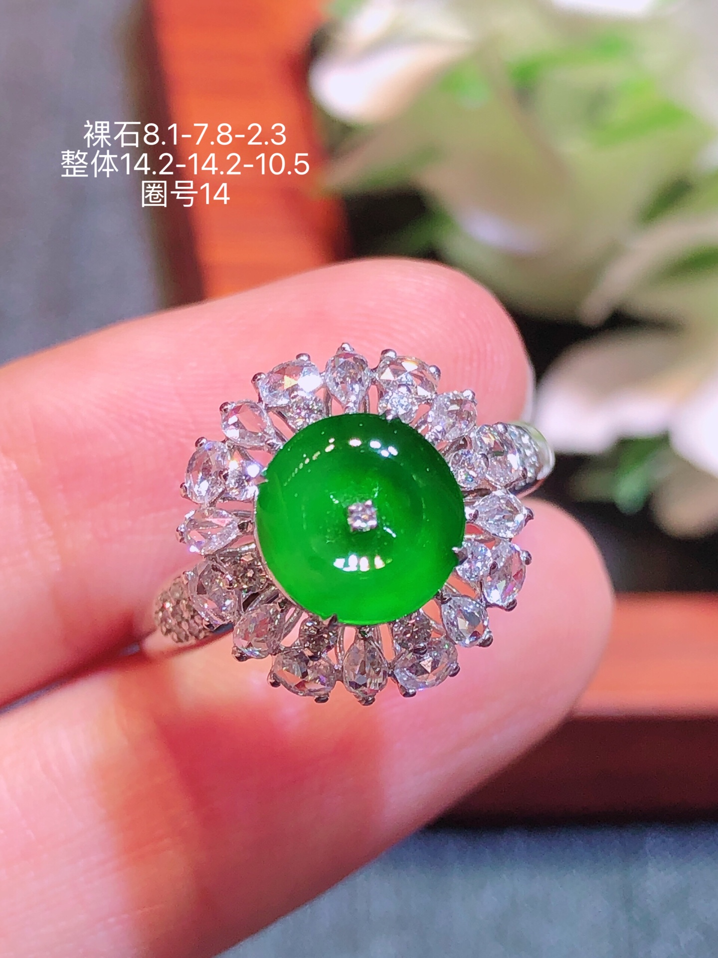 18K金镶 阳绿平安扣戒指 无裂 水润色艳 品相饱满 苹果拍摄，实物更好看，14.2-14.2-10