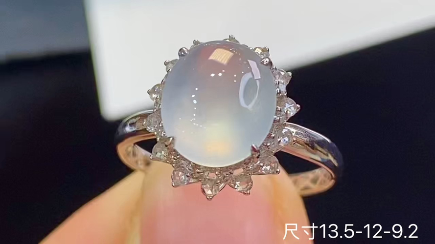 18k金+钻玻璃种蛋面戒指，无裂，13.5-12-9.2