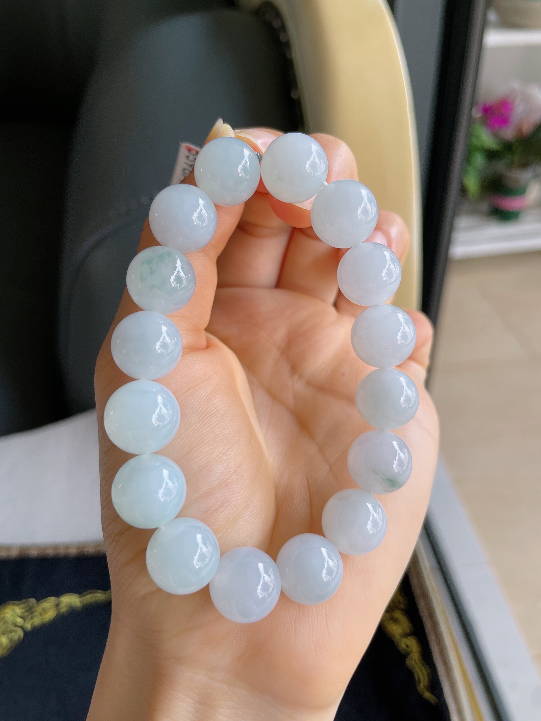 ️，缅甸天然翡翠A货，冰润白手串，尺寸：12.5mm。【编2439】