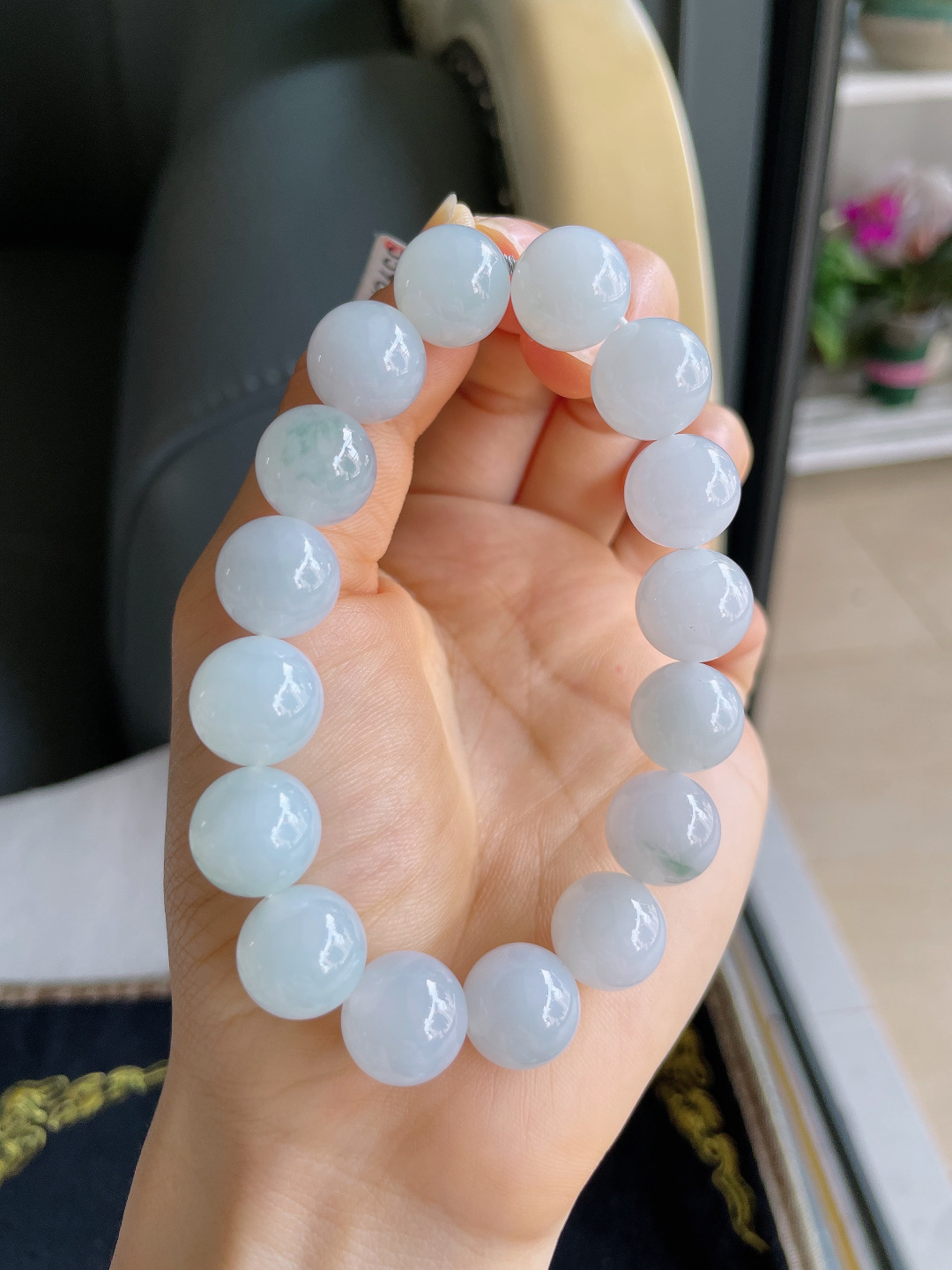 ️，缅甸天然翡翠A货，冰润白手串，尺寸：12.5mm。【编2439】
