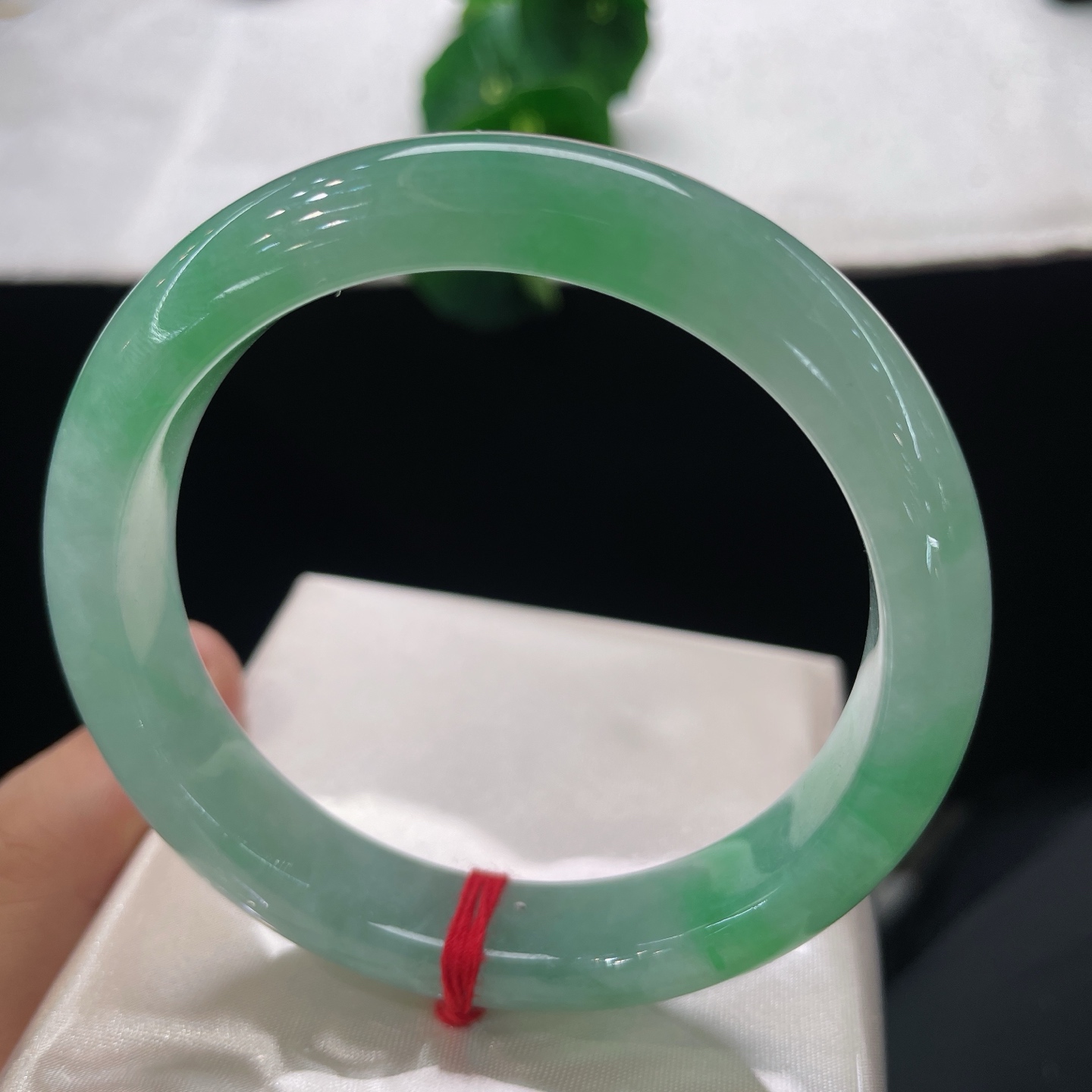 翡翠手镯 圈口59.4/12.2/8.6，晴底飘绿正圈，59/69可戴，翠染玉肌，温润随行，微棉纹