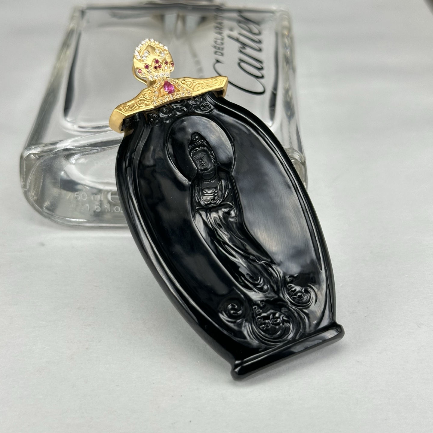 精品18k墨翠站观音 种好色正 黑度极好 打灯通透 油性十足
