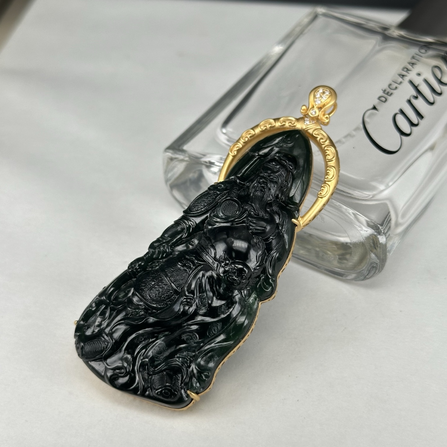 精品18k墨翠关公 种好色正 黑度极好 打灯通透 油性十足