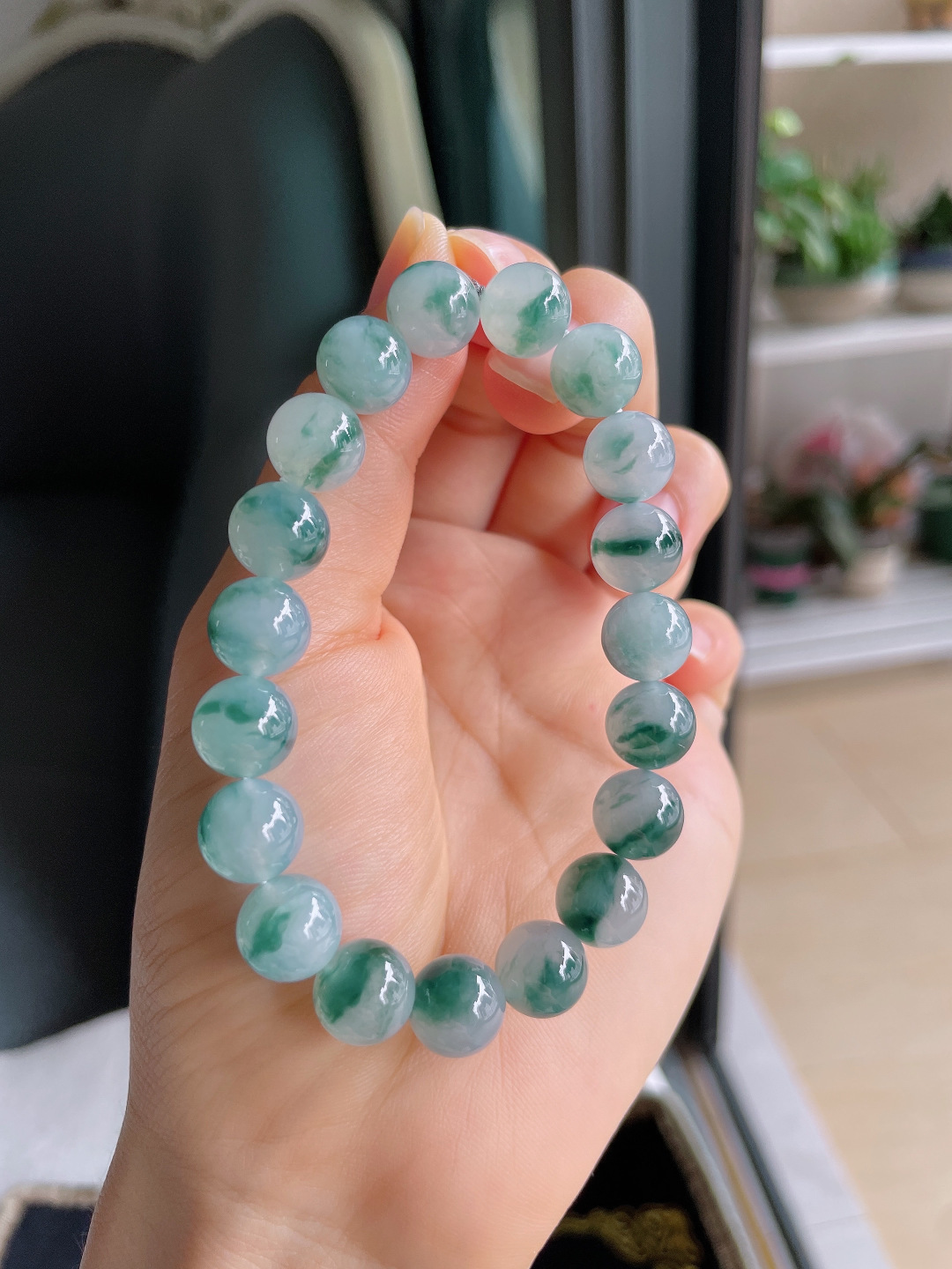 ️，缅甸天然翡翠A货，冰飘花手串，尺寸：10mm。【编4395】
