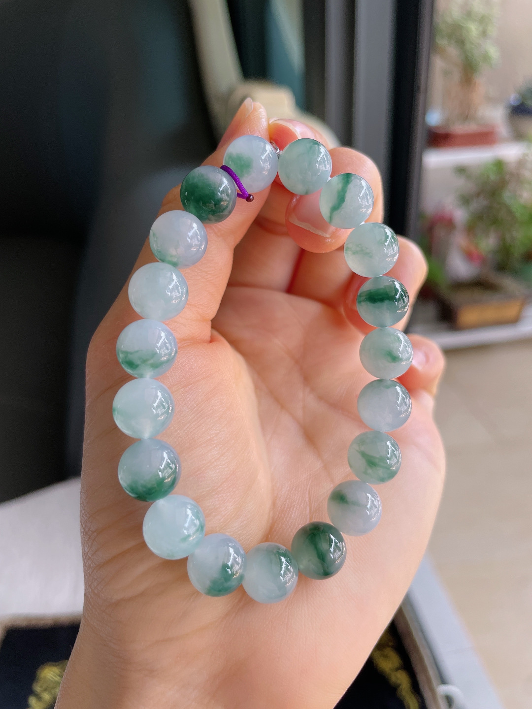 ️，缅甸天然翡翠A货，冰飘花手串，尺寸：10mm。【编4014】