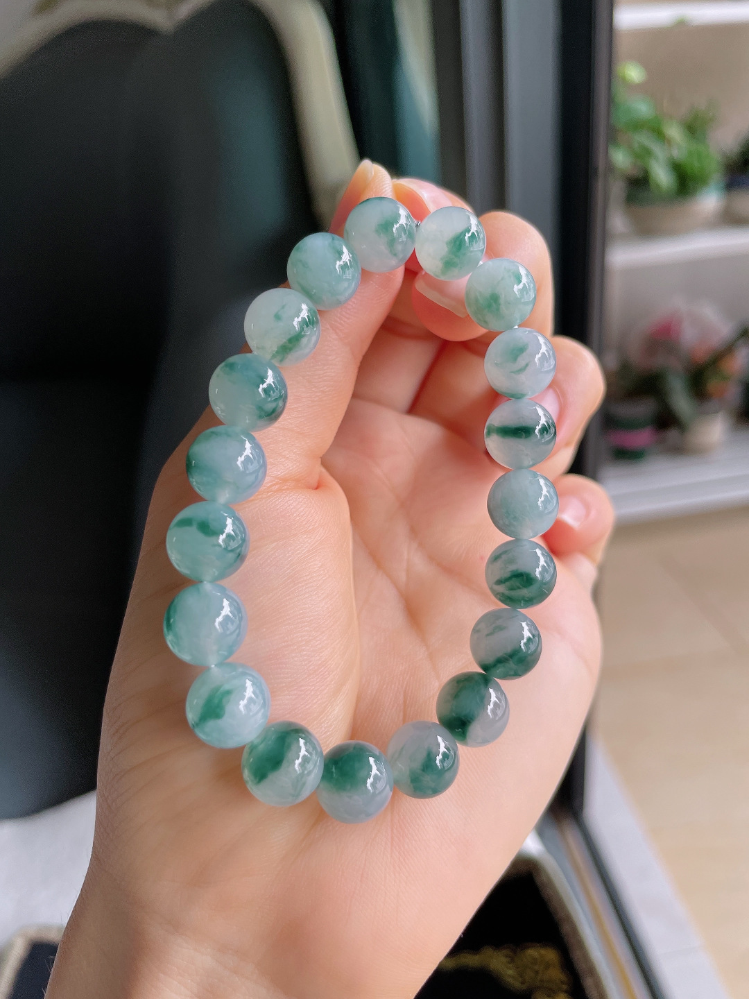 ️，缅甸天然翡翠A货，冰飘花手串，尺寸：10mm。【编4395】