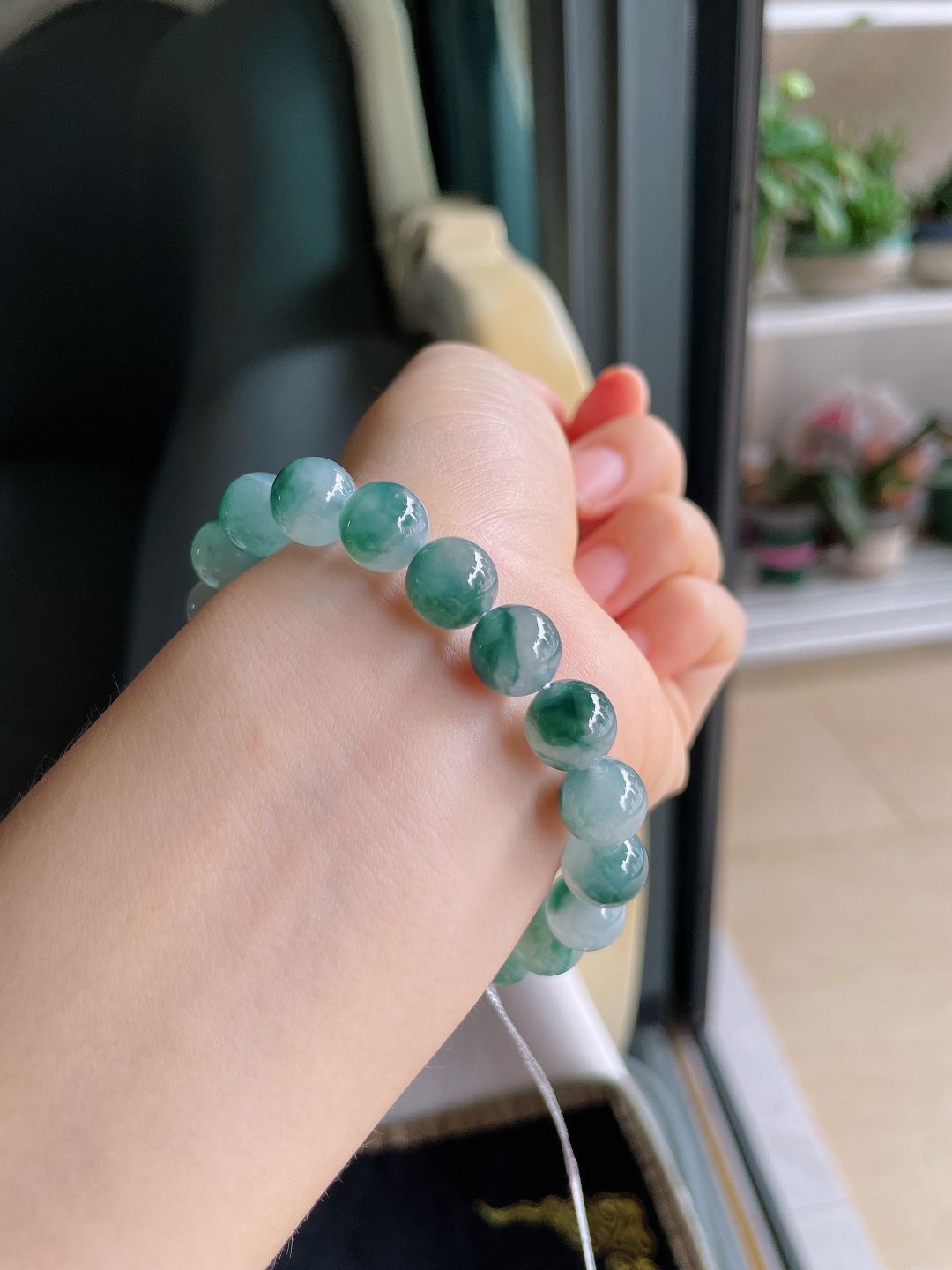 ️，缅甸天然翡翠A货，冰飘花手串，尺寸：10mm。【编4395】