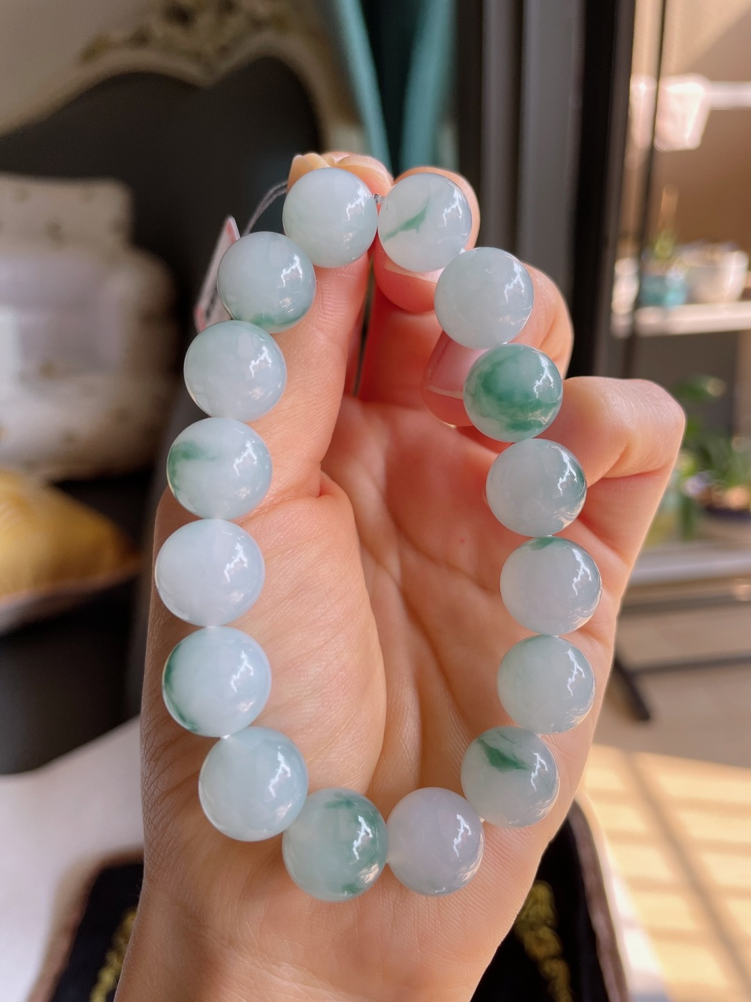 缅甸天然翡翠A货，冰飘花手链，尺寸：12.6mm。-2338