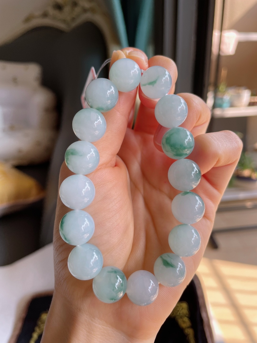 缅甸天然翡翠A货，冰飘花手链，尺寸：12.6mm。-2338