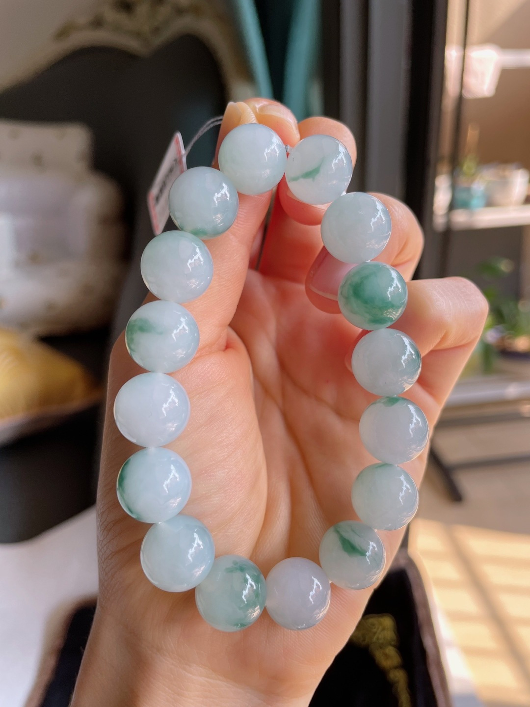 缅甸天然翡翠A货，冰飘花手链，尺寸：12.6mm。-2338