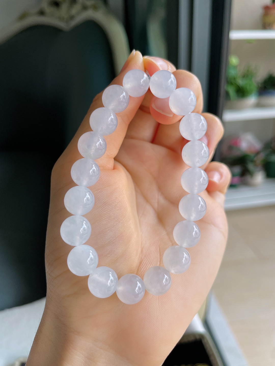 缅甸天然翡翠A货，白冰手链，尺寸：9.8mm。【编4476】