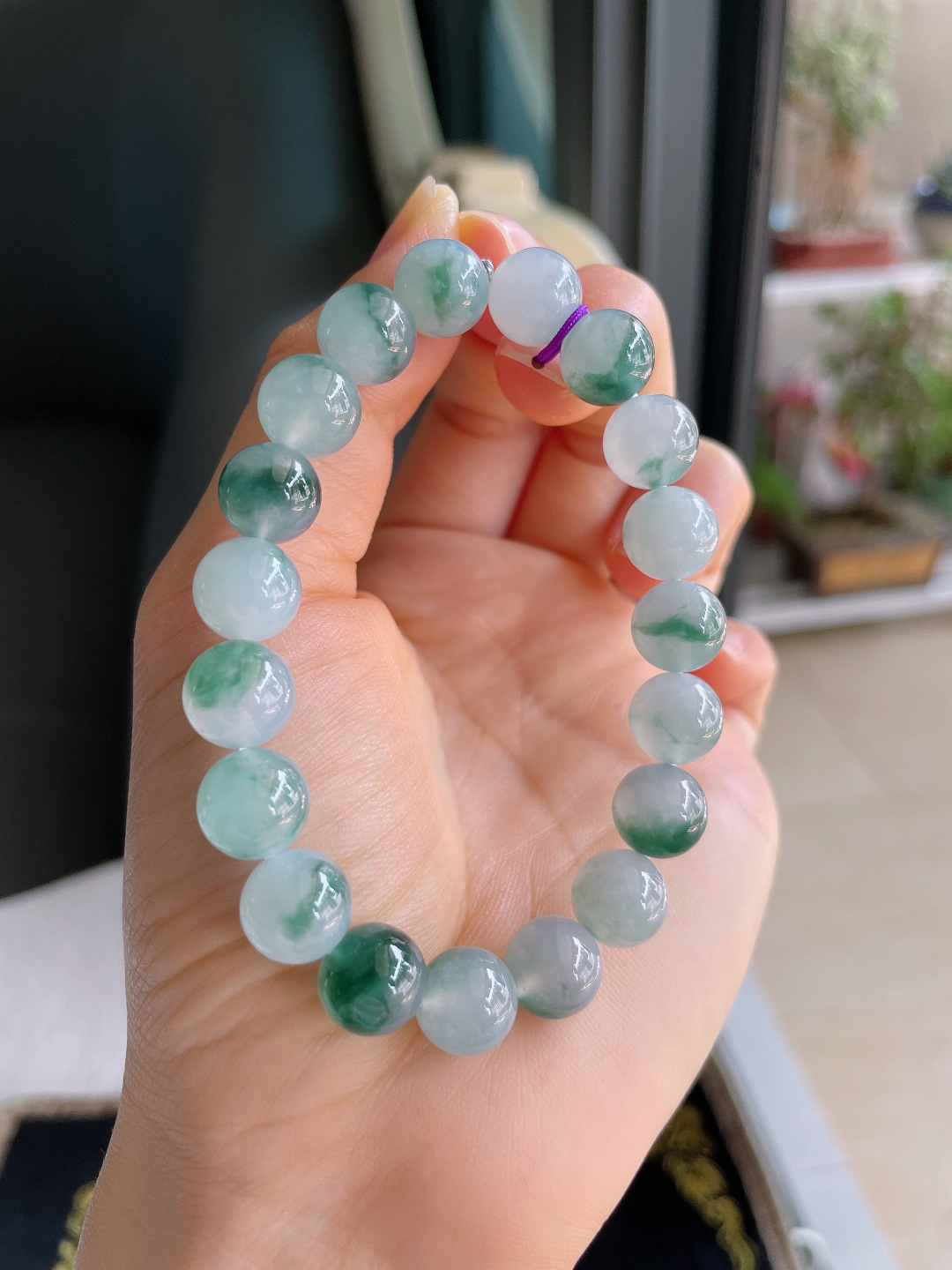 ️，缅甸天然翡翠A货，冰飘花手串，尺寸：10mm。【编4014】