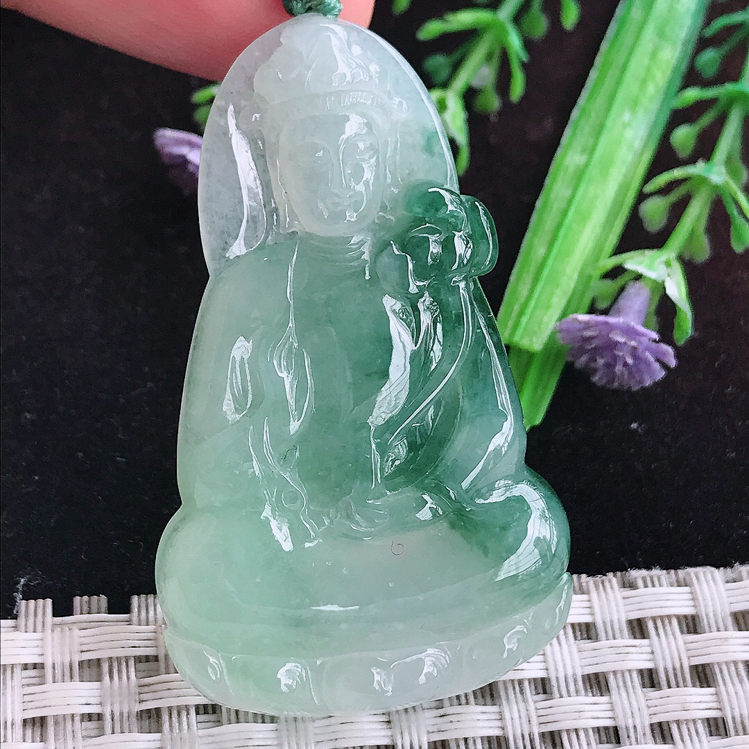 实拍A货翡翠50/30.5/5.8老坑冰胶飘花素衣观音吊坠翡翠玉挂件