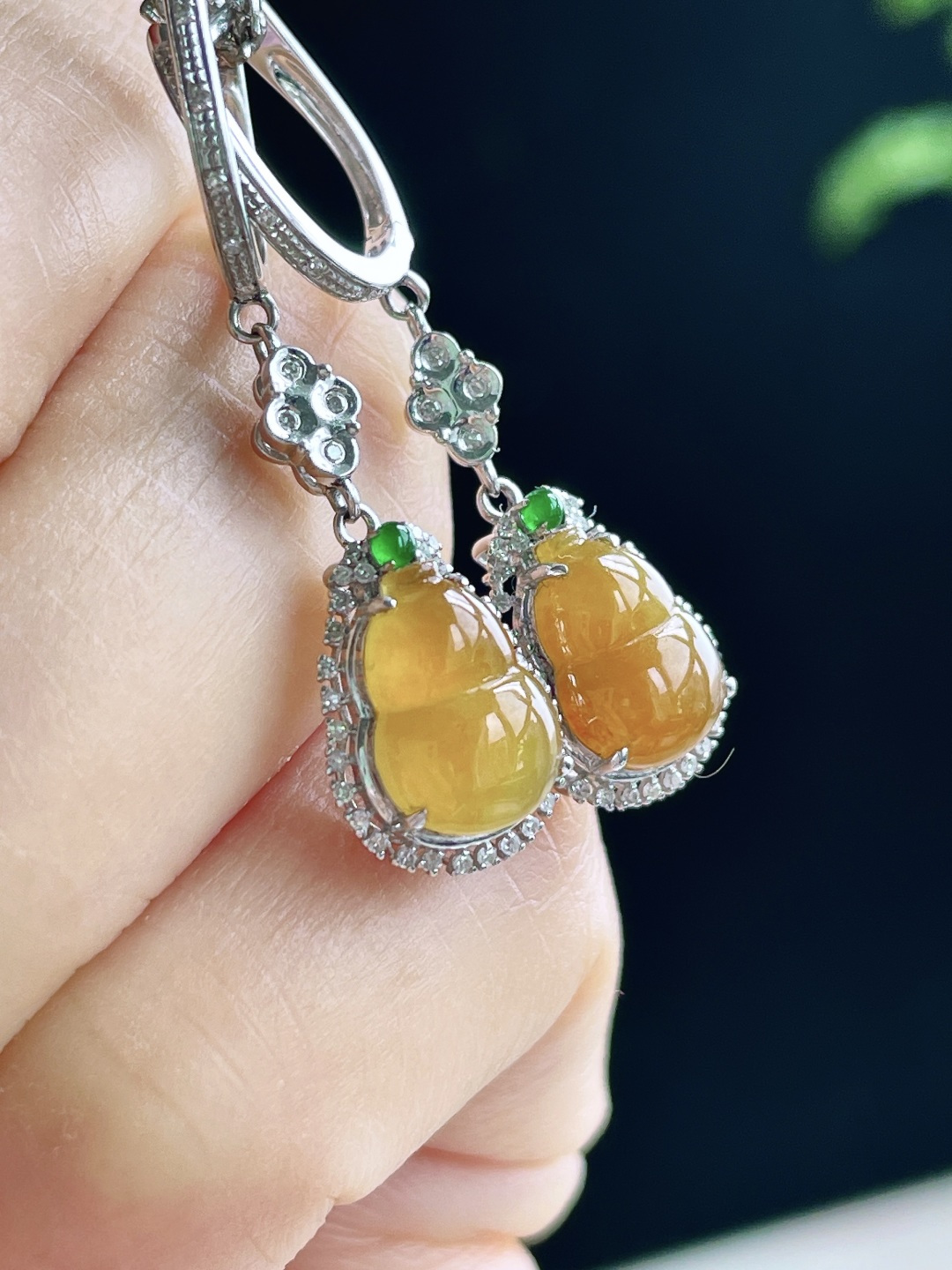冰黄翡葫芦耳坠, 18k金镶嵌, 无裂, 性比高, 35.5-9.3-6.2, 9.5-7-2.3,