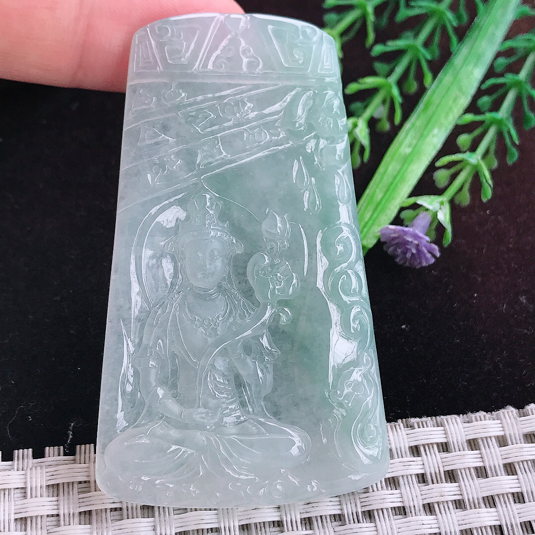 实拍A货翡翠66/39/5.6老坑冰胶晴底大势至菩萨吊坠翡翠玉持莲观音挂件