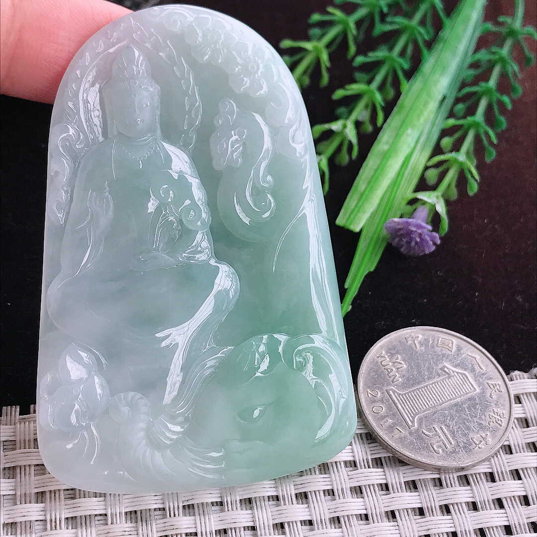 实拍A货翡翠70.6/46/5.6老坑冰润起胶晴底普贤菩萨吊坠翡翠玉观音挂件