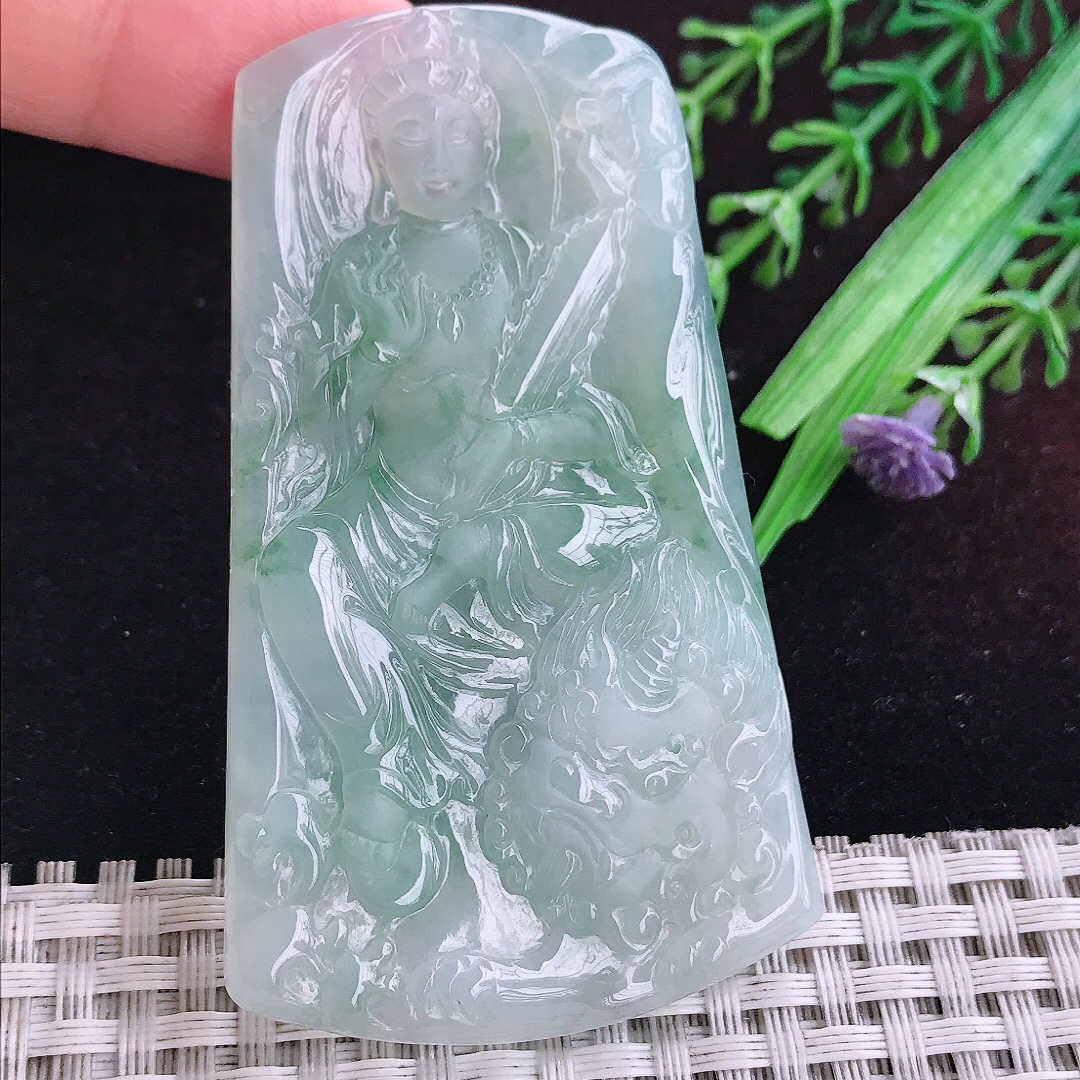 实拍A货翡翠70.5/42.8/5.7老坑冰润起胶冰飘花文殊菩萨吊坠翡翠玉挂件