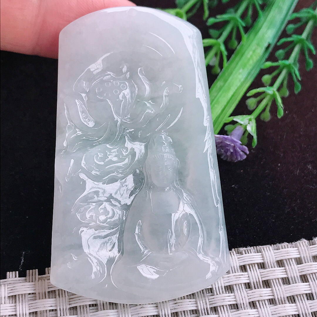实拍A货翡翠64/38/5.2老坑冰润起胶白冰赐福观音吊坠翡翠玉挂件