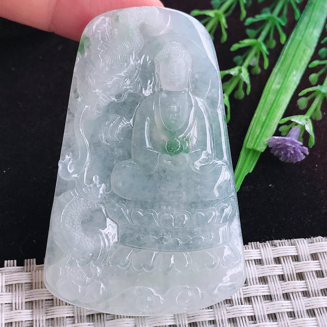 实拍A货翡翠65/41.5/6.1老坑冰胶果冻冰飘花大日如来佛祖吊坠翡翠玉