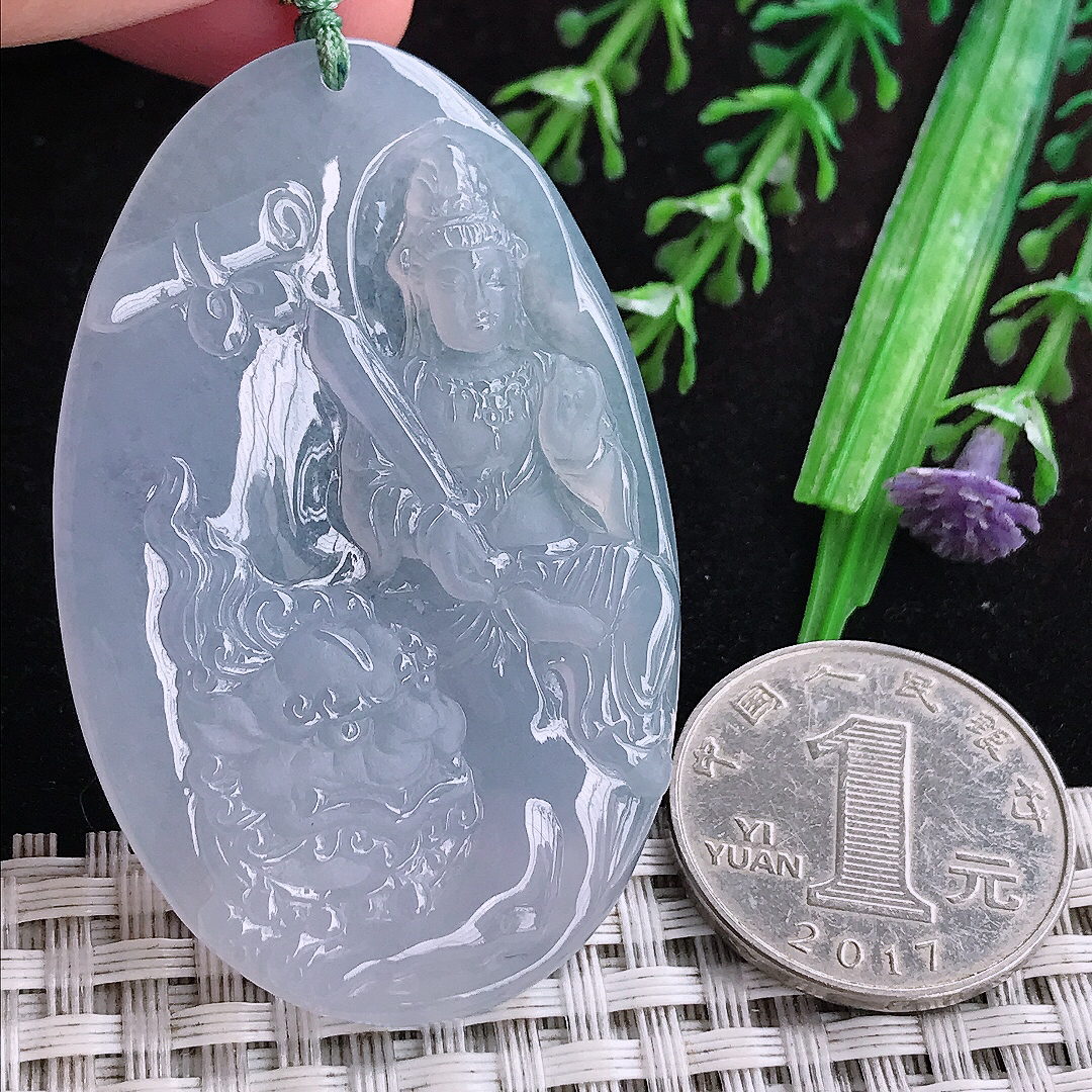 实拍A货翡翠56/36/4.5老坑冰透果冻胶冰紫罗兰文殊菩萨吊坠翡翠玉观音