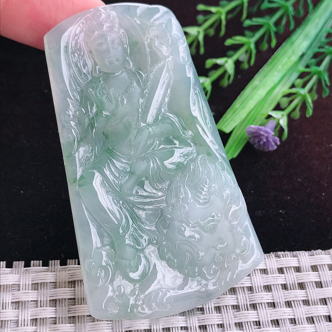实拍A货翡翠70.5/42.8/5.7老坑冰润起胶冰飘花文殊菩萨吊坠翡翠玉挂件