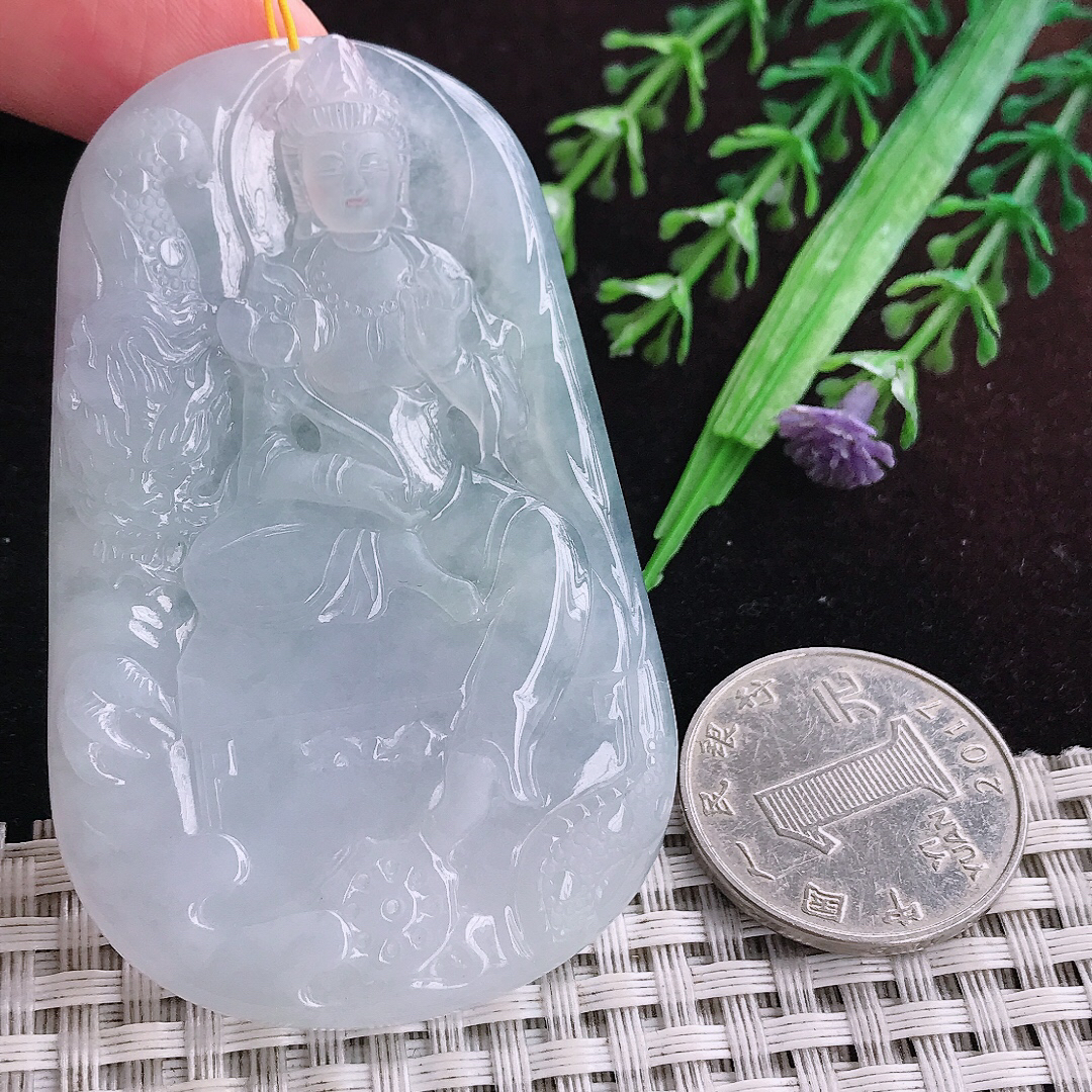 实拍A货翡翠67/43.5/5.5老坑冰胶果冻持莲观音吊坠翡翠玉大势至挂件